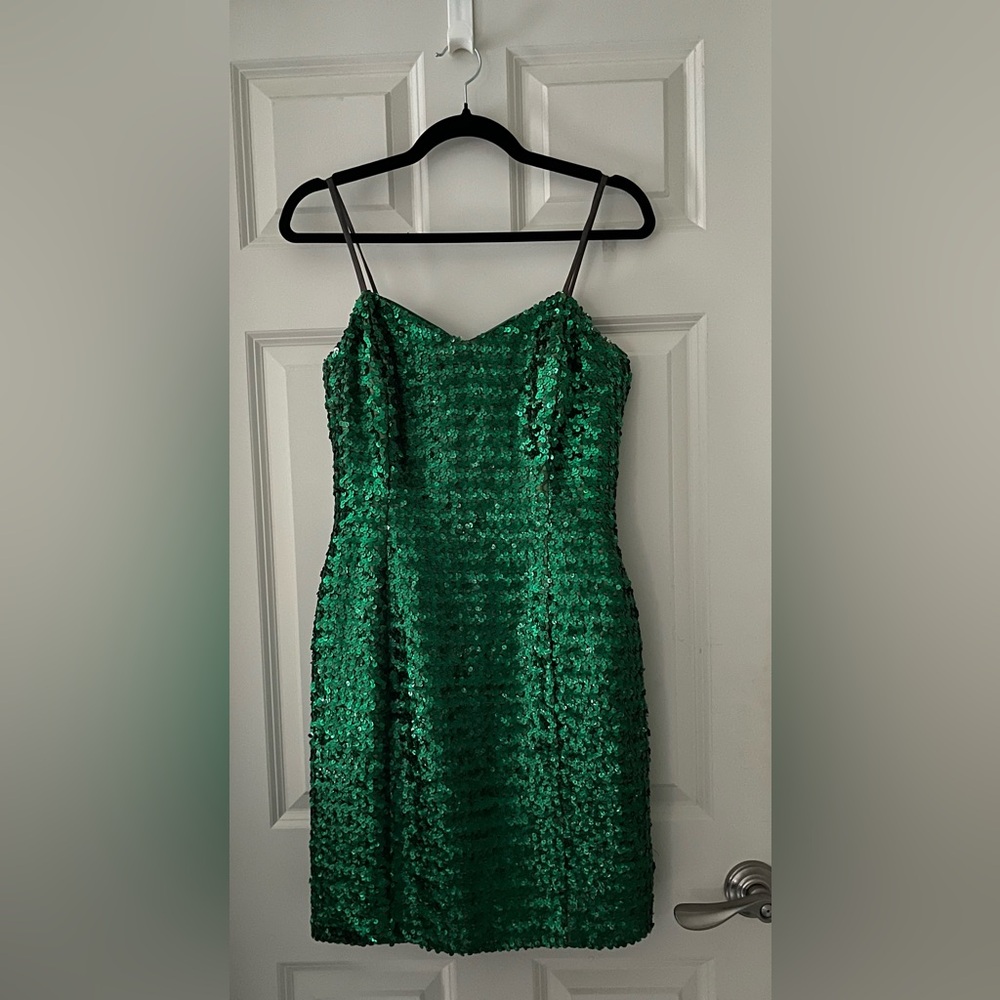 Vintage Wanta B green Sleeveless sequined spaghetti strap party dress 7/8